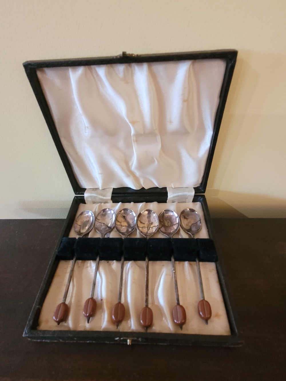 Vintage 6-Piece Decorative Coffee Spoon Set in Silver and Brown